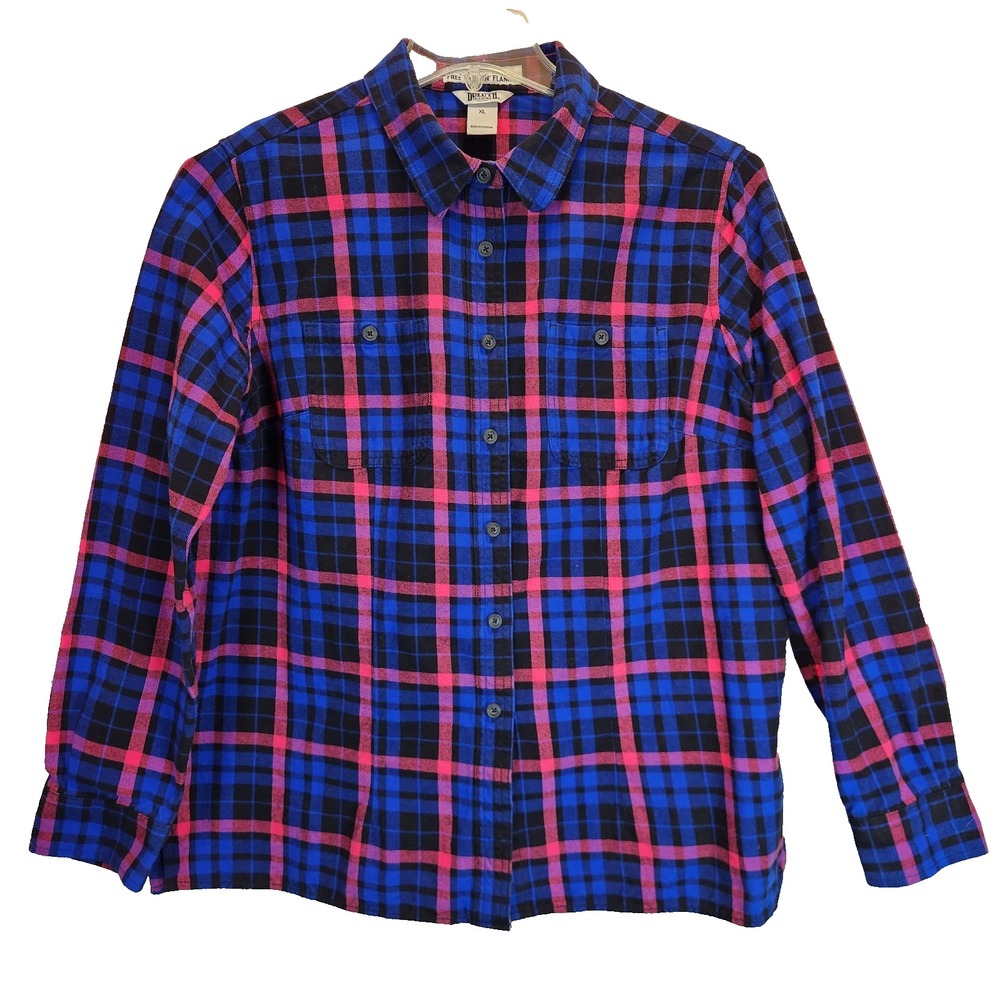 Duluth Trading Co Women XL Free Swinging Flannel Shirt Blue Pink Plaid Gorpcore